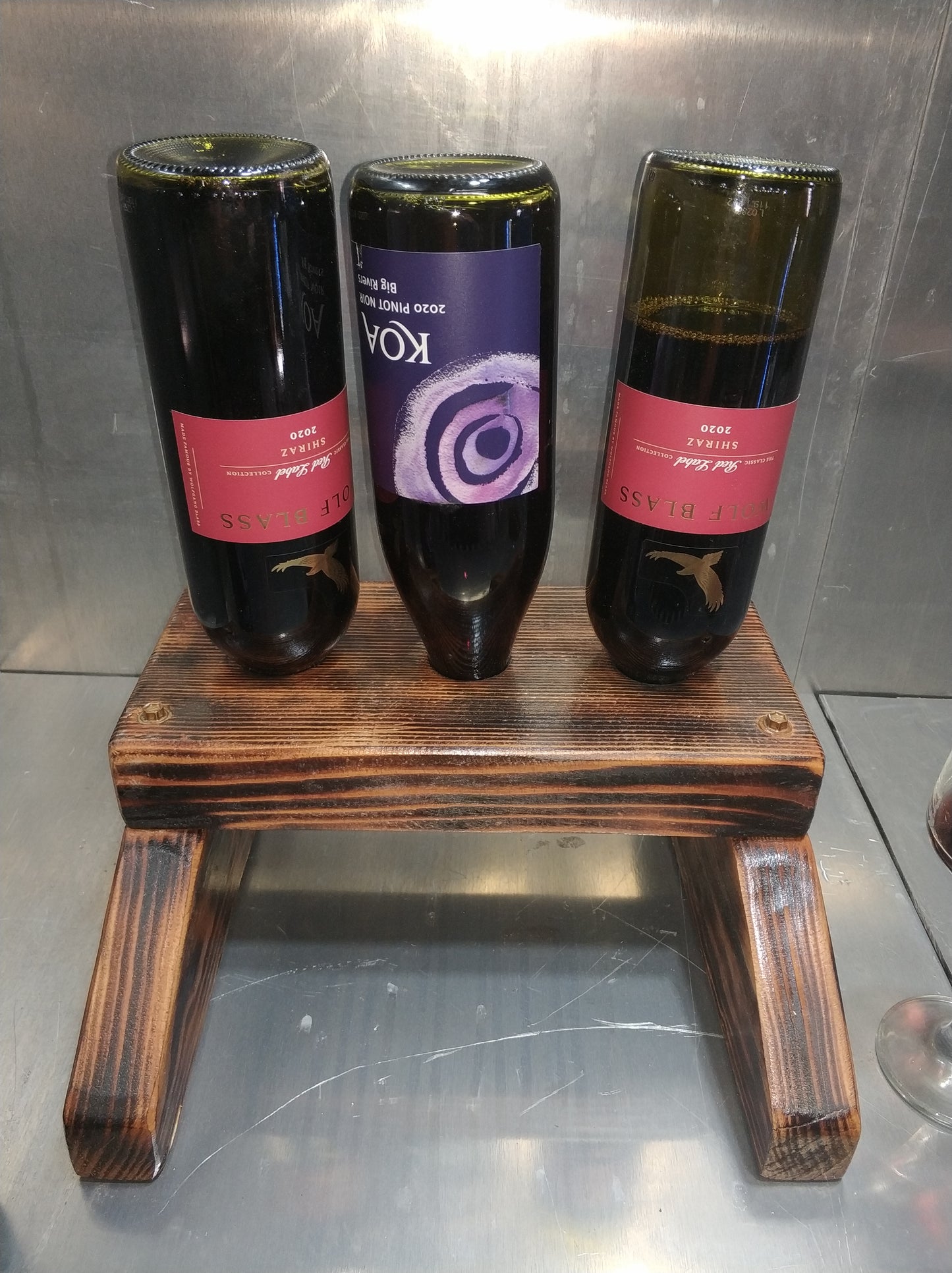 Wood Wine Rack - Rustic Wine Display Stand - 3 Bottle - Unique Personalized Wedding Gift - 5th Anniversary Gift